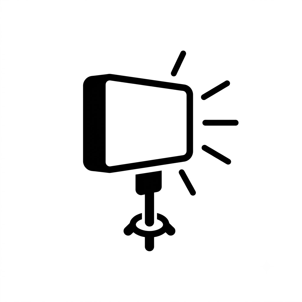Minimalist vector icon of a studio light fixture on a stand, shining bright with radiating light beams.