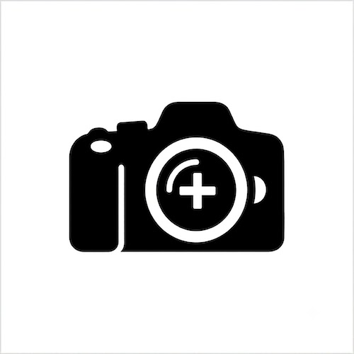 Black and white vector icon of a camera body with a plus sign centered inside the lens, on a solid white background.