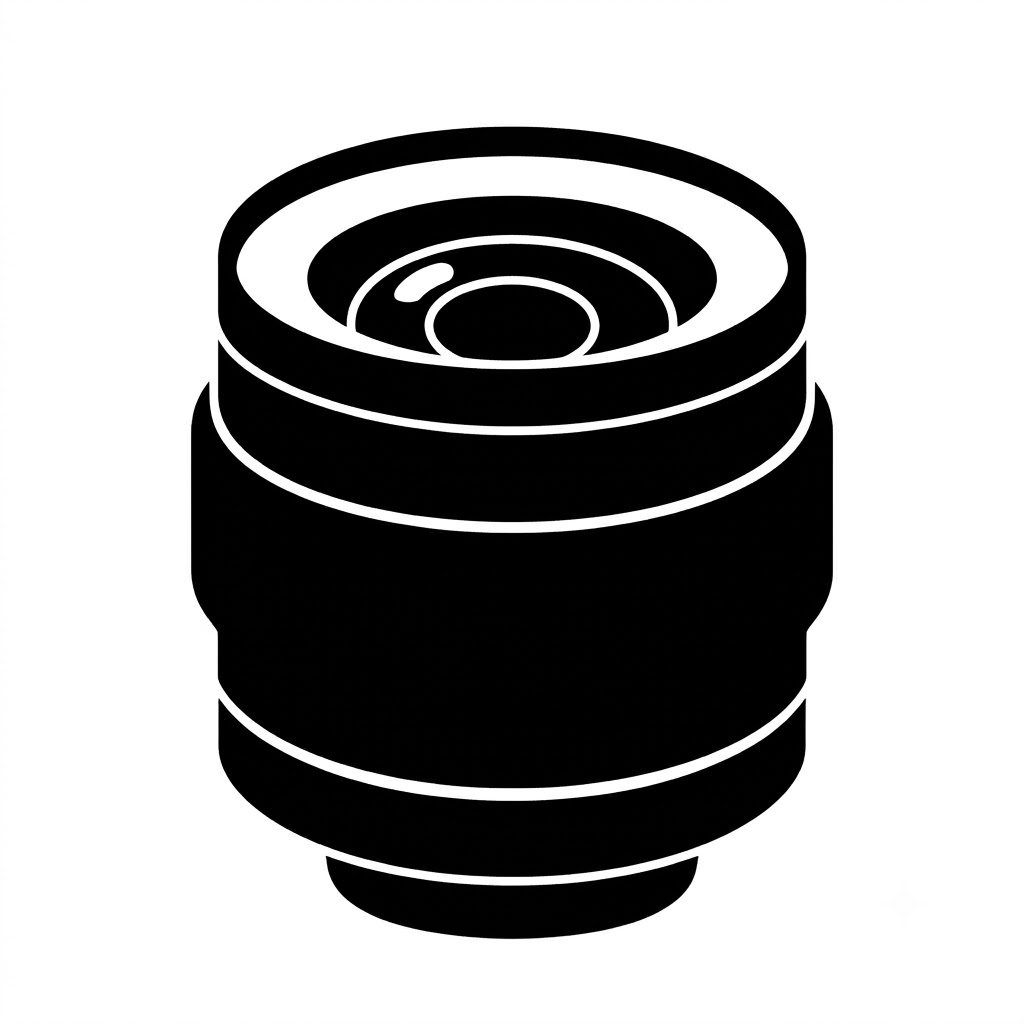 A black icon of a lens against a white backgroud