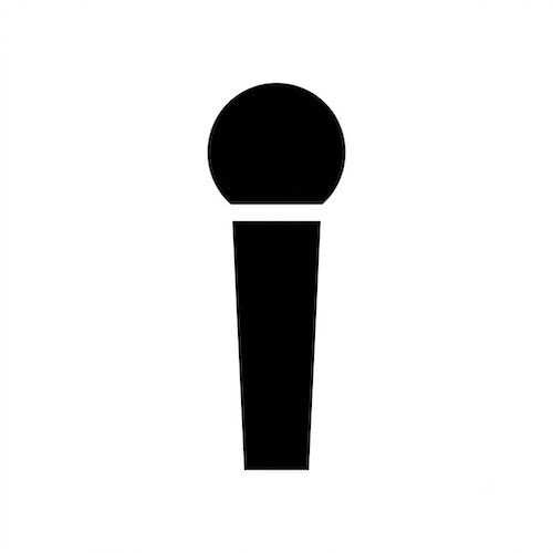A minimalist black silhouette of a handheld microphone positioned vertically against a plain white background.