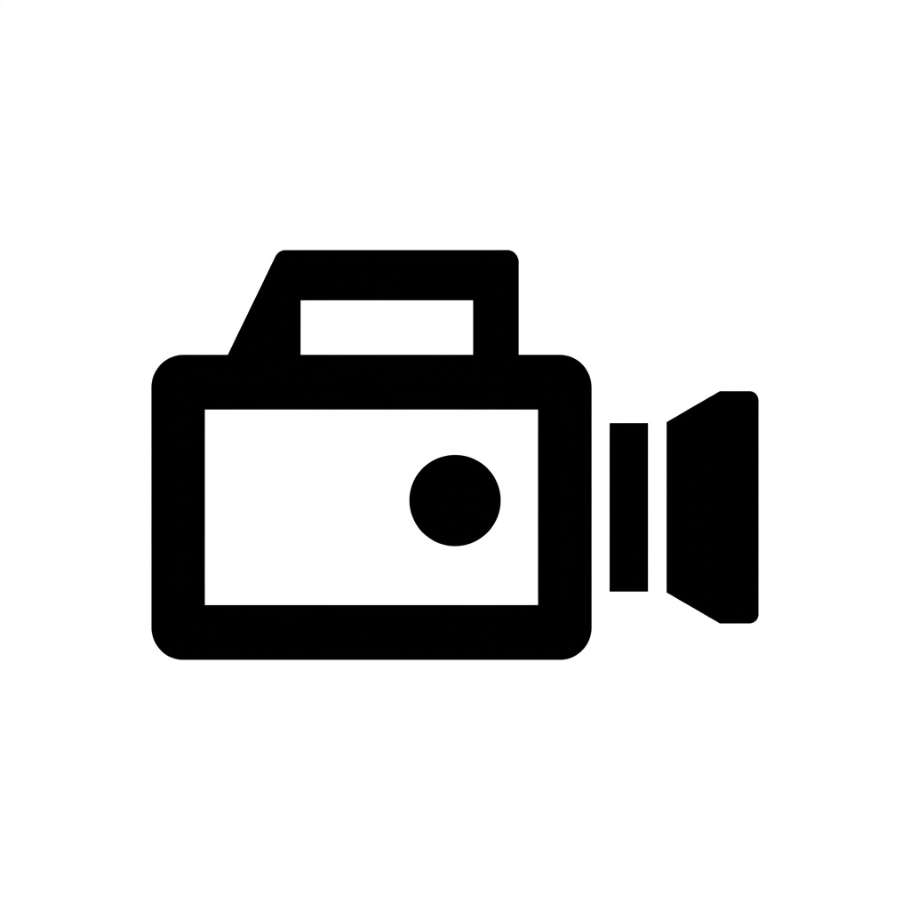 A minimalist black and white icon of a vintage video camera camcorder, featuring a thick black outline, a top carrying handle, a side recording button, and a prominent lens facing right.
