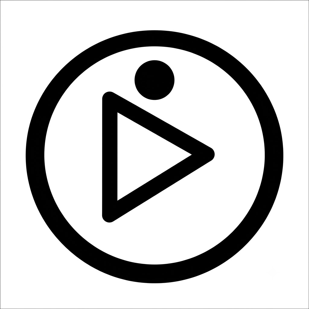 Minimalist black and white icon inside a circle, featuring a bold outline of a right-pointing play triangle combined with a solid black record dot directly above it.